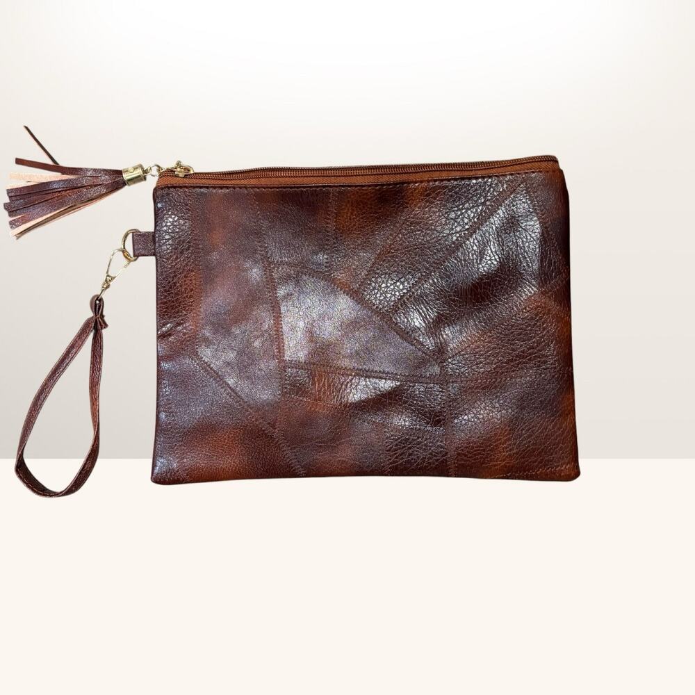 NWT Brown Cognac Patchwork Vegan Wristlet Clutch Zipper Pouch Bag Envelope